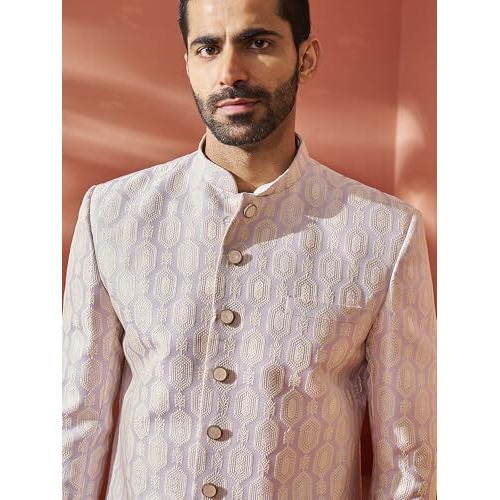 VASTRAMAY Men's Purple Silk Blend Jodhpuri,Pyjama Set - Silk Blend Jacqard Jodhpuri And Pyjama Set