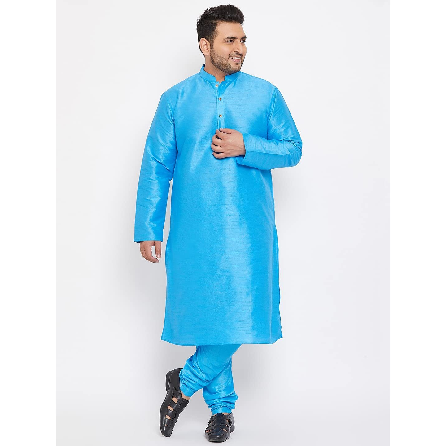 VASTRAMAY Plus Size Men's Silk Blend Kurta Set-New Aqua Blue