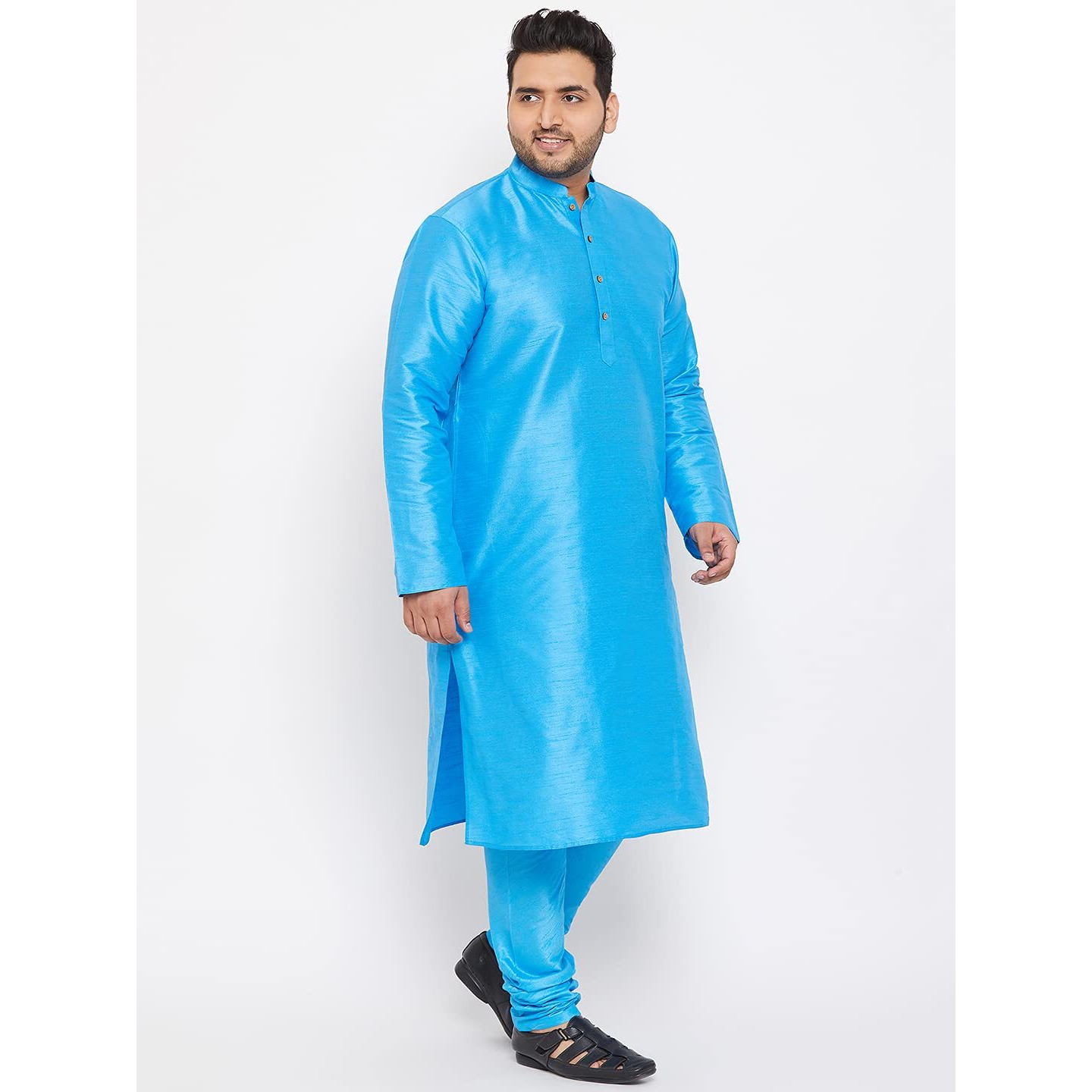 VASTRAMAY Plus Size Men's Silk Blend Kurta Set-New Aqua Blue