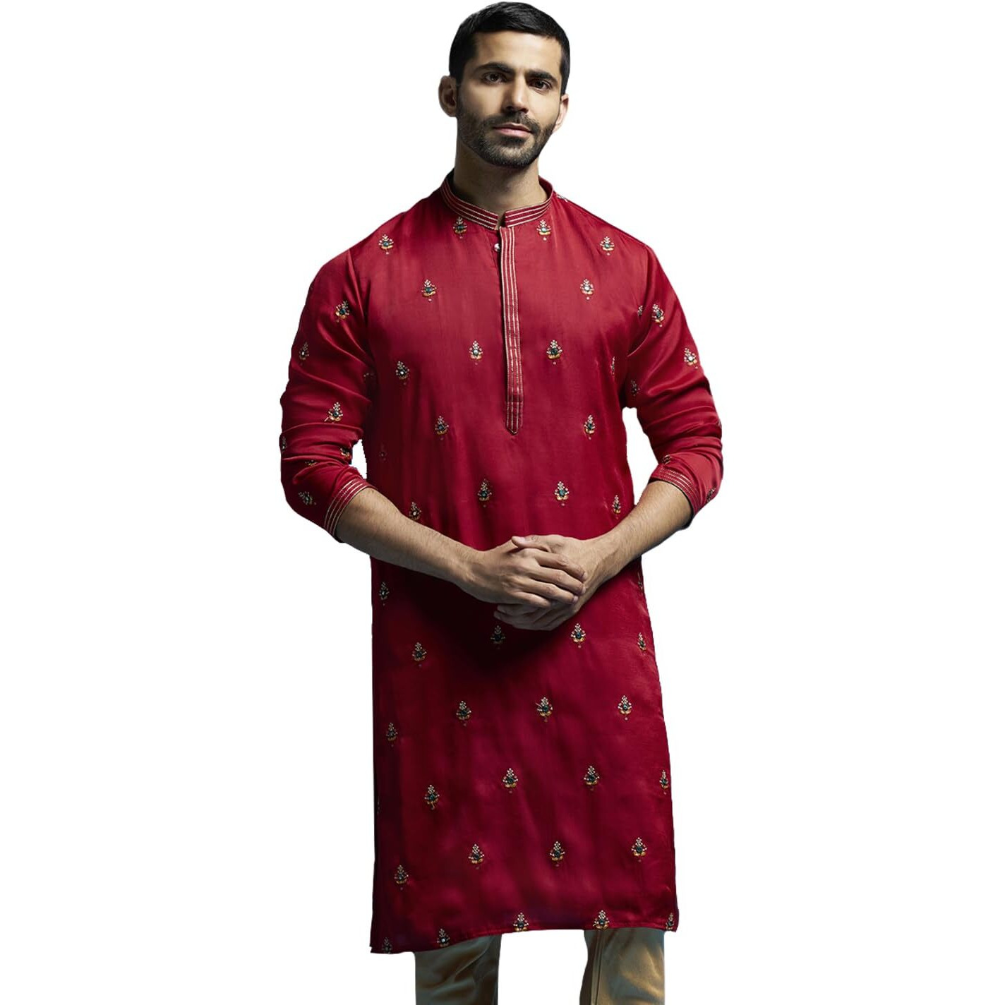 VASTRAMAY Men's Maroon Silk Blend Kurta | Silk Blend Embroidered KurtaFor Men.