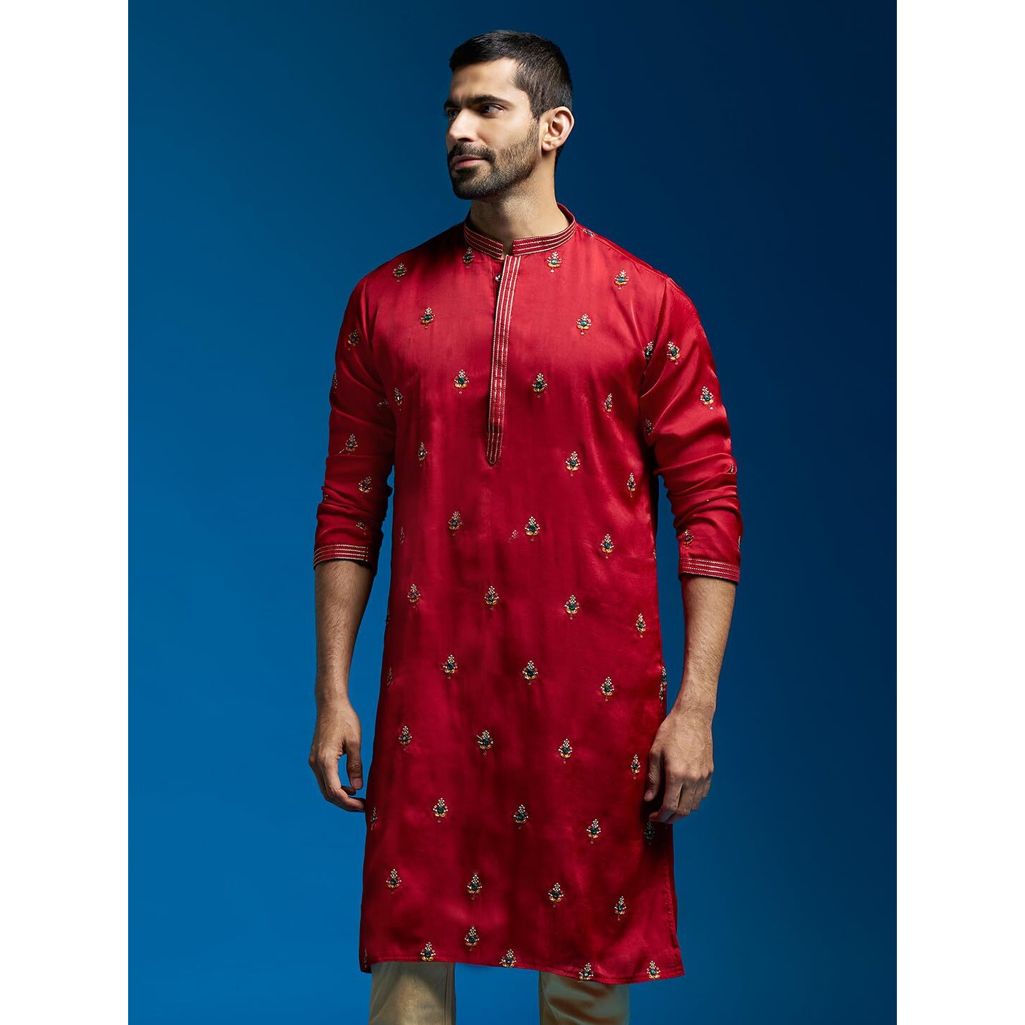 VASTRAMAY Men's Maroon Silk Blend Kurta | Silk Blend Embroidered KurtaFor Men.