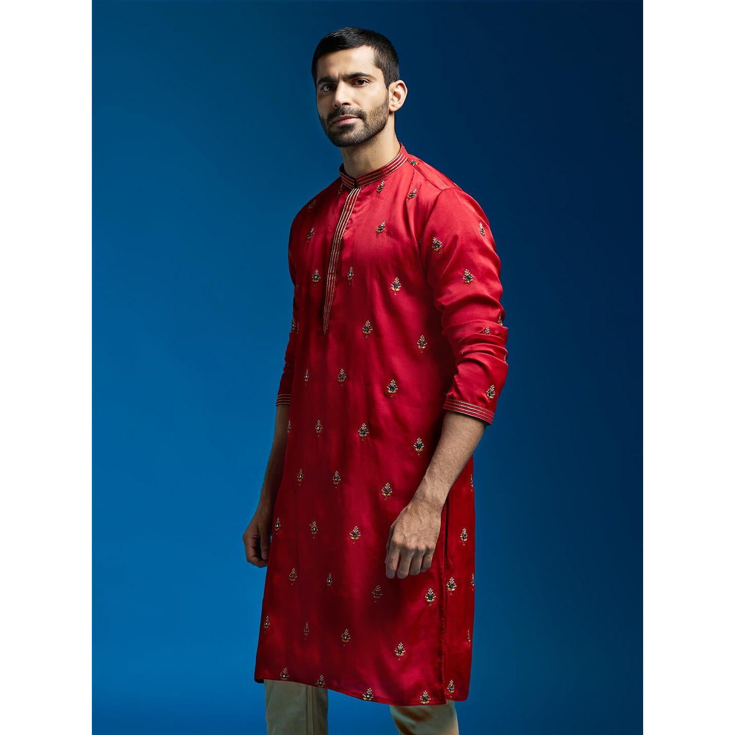 VASTRAMAY Men's Maroon Silk Blend Kurta | Silk Blend Embroidered KurtaFor Men.