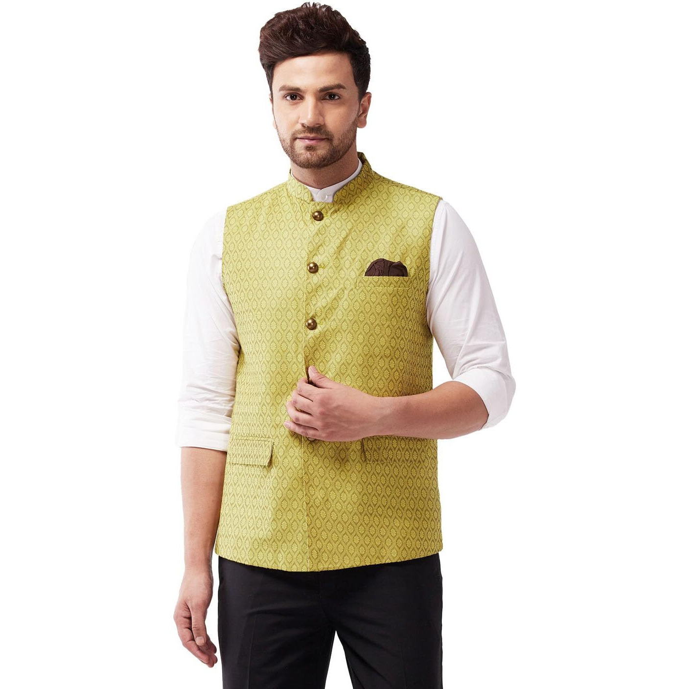VASTRAMAY Men's Yellow Silk Blend Nehru Jackets_VASMJ105YW_42