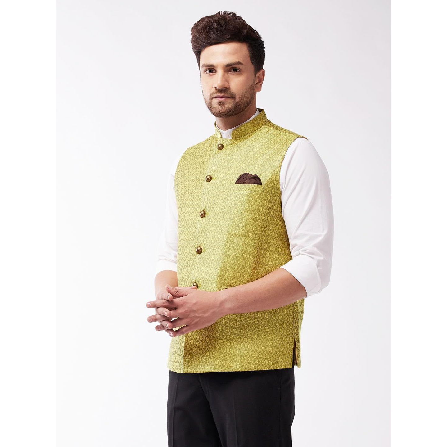 VASTRAMAY Men's Yellow Silk Blend Nehru Jackets_VASMJ105YW_42