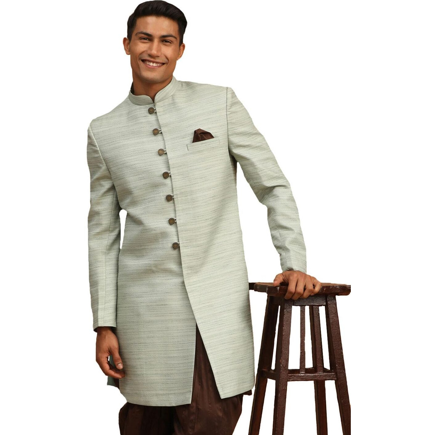 VASTRAMAY Men Mint Green Silk Blend Sherwani Only Top_VASMIW032MG_40