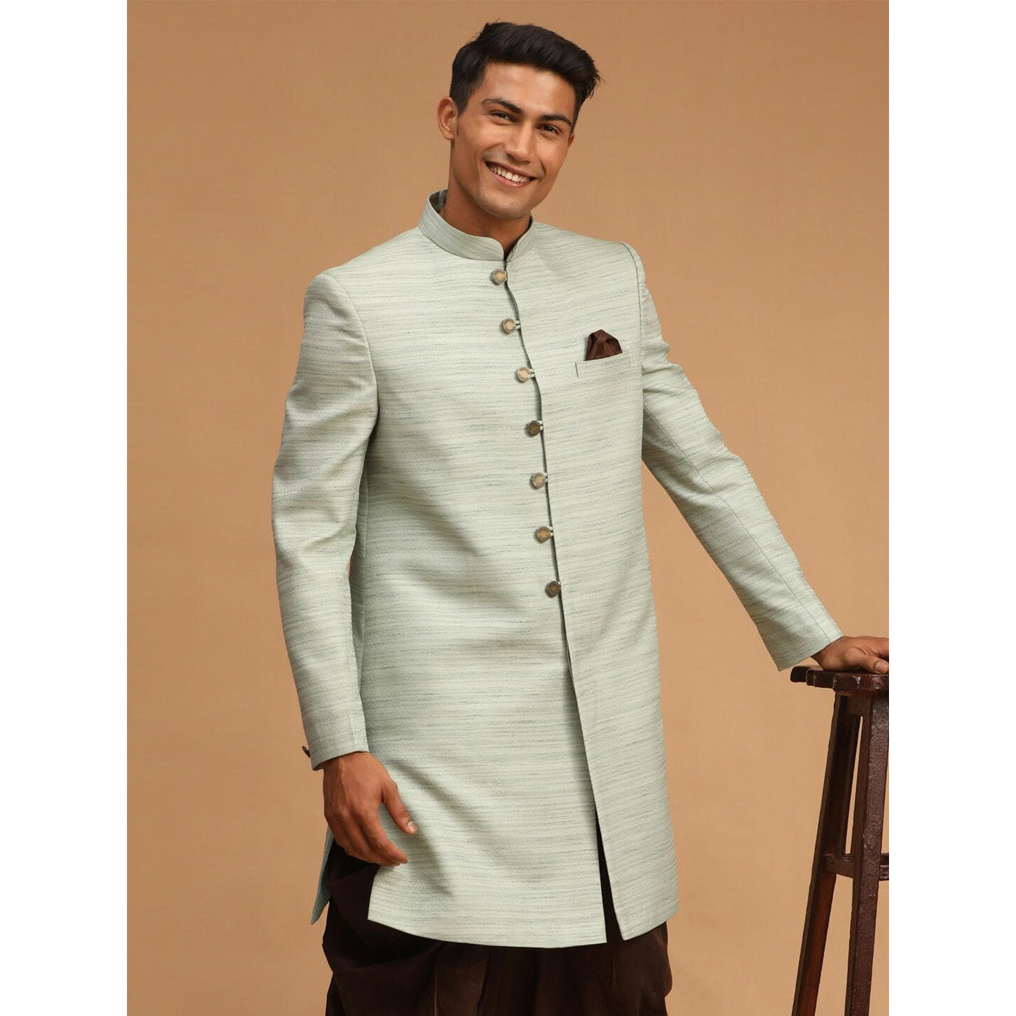 VASTRAMAY Men Mint Green Silk Blend Sherwani Only Top_VASMIW032MG_40