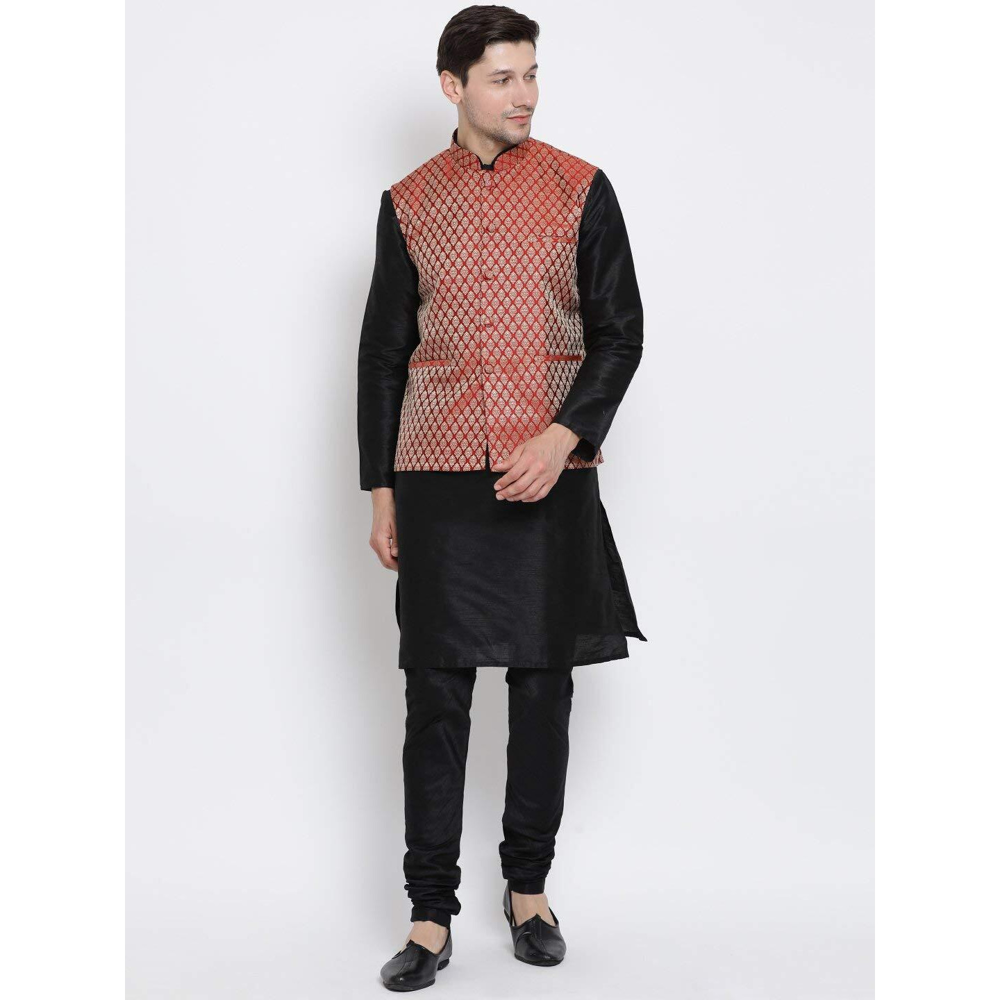 VASTRAMAY Cotton Silk Blend Regular Kurta Set (VASBBJ005MAnKBL001nPBL_42/26_Black_Man Boy-(5-6 Years))