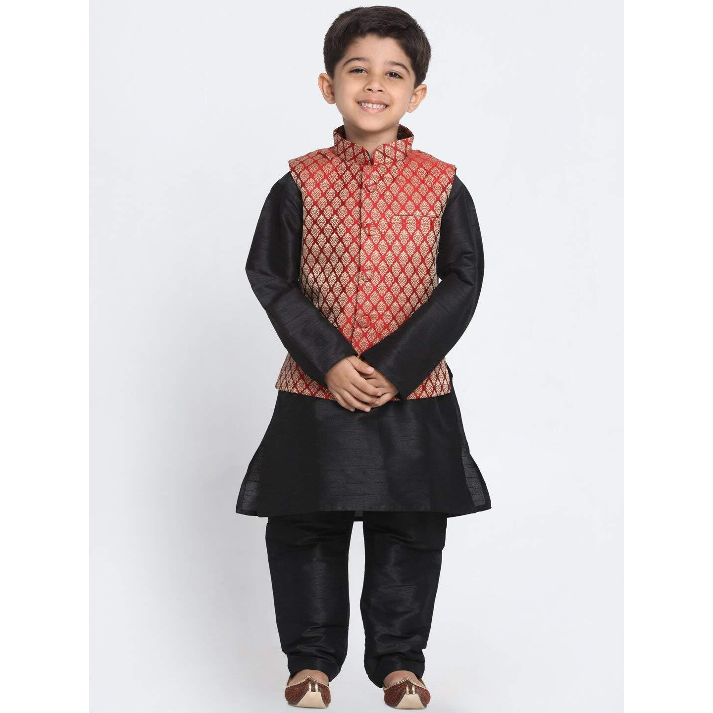 VASTRAMAY Cotton Silk Blend Regular Kurta Set (VASBBJ005MAnKBL001nPBL_42/26_Black_Man Boy-(5-6 Years))