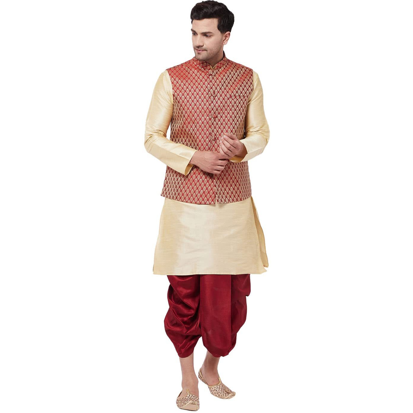 VASTRAMAY Men's Gold And Maroon Silk Blend Jacket, Kurta and Dhoti Set_VASMJMA005nKGO001nDTMA_40