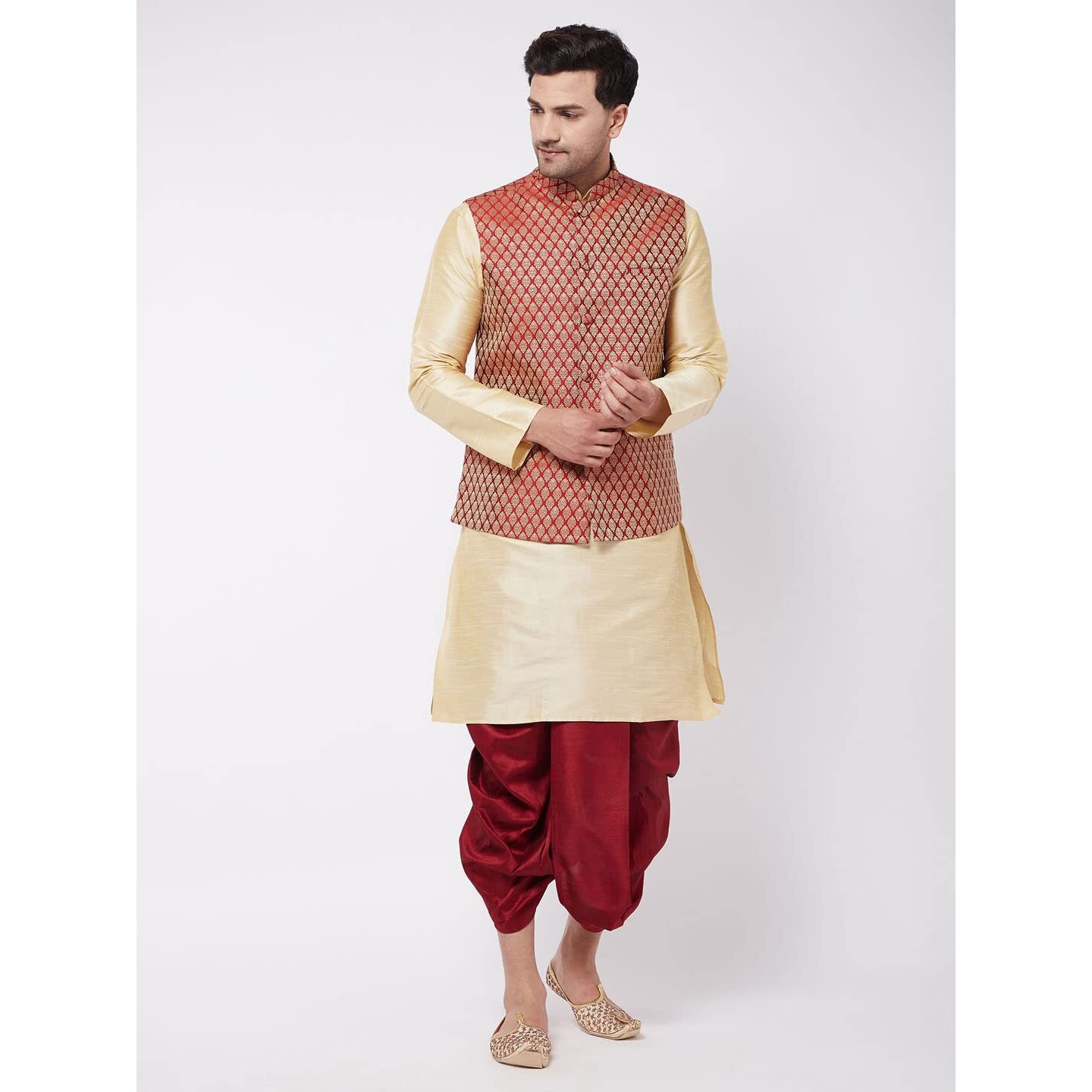 VASTRAMAY Men's Gold And Maroon Silk Blend Jacket, Kurta and Dhoti Set_VASMJMA005nKGO001nDTMA_40