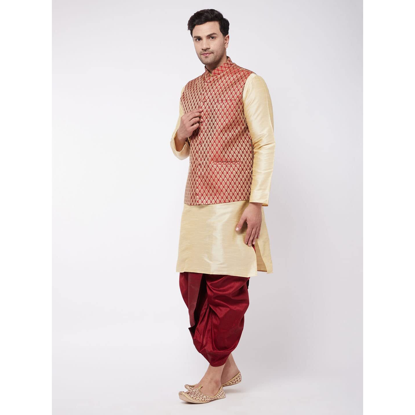 VASTRAMAY Men's Gold And Maroon Silk Blend Jacket, Kurta and Dhoti Set_VASMJMA005nKGO001nDTMA_40