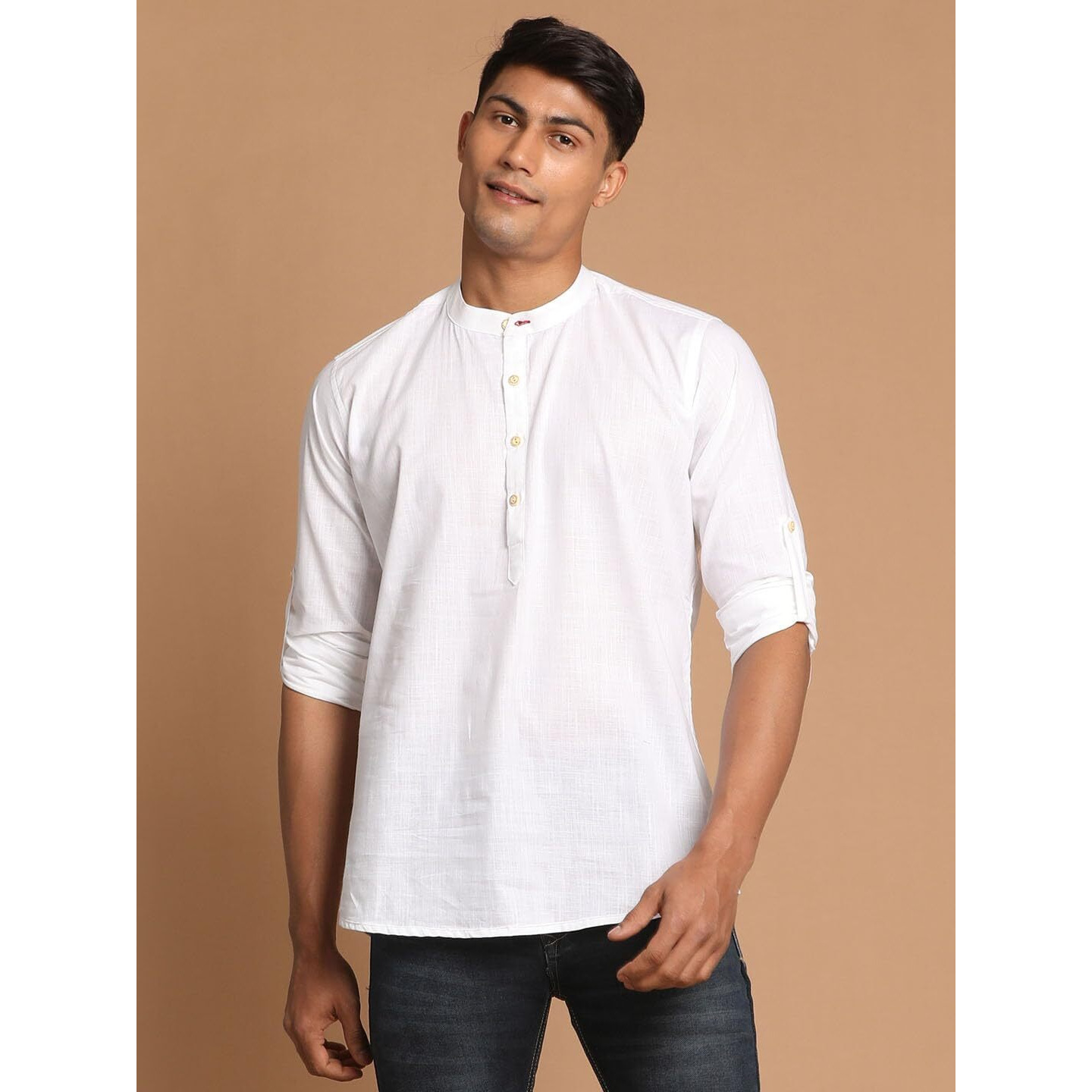 VASTRAMAY Men's White Cotton Blend Short Kurta || Cotton Short Shirt Style Solid Kurta with Buttonhole Detailing. || Elegant for Holi & EID Celebration_VASMXK015WH_38