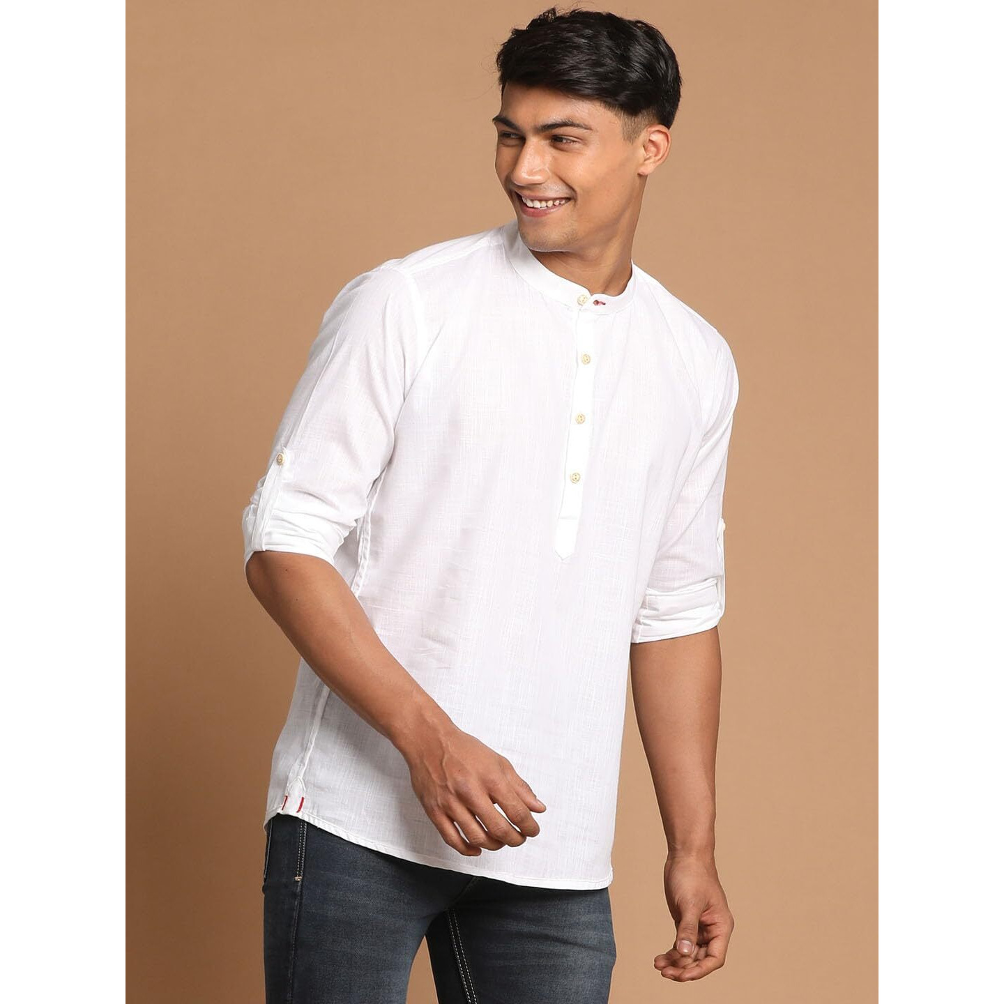 VASTRAMAY Men's White Cotton Blend Short Kurta || Cotton Short Shirt Style Solid Kurta with Buttonhole Detailing. || Elegant for Holi & EID Celebration_VASMXK015WH_38