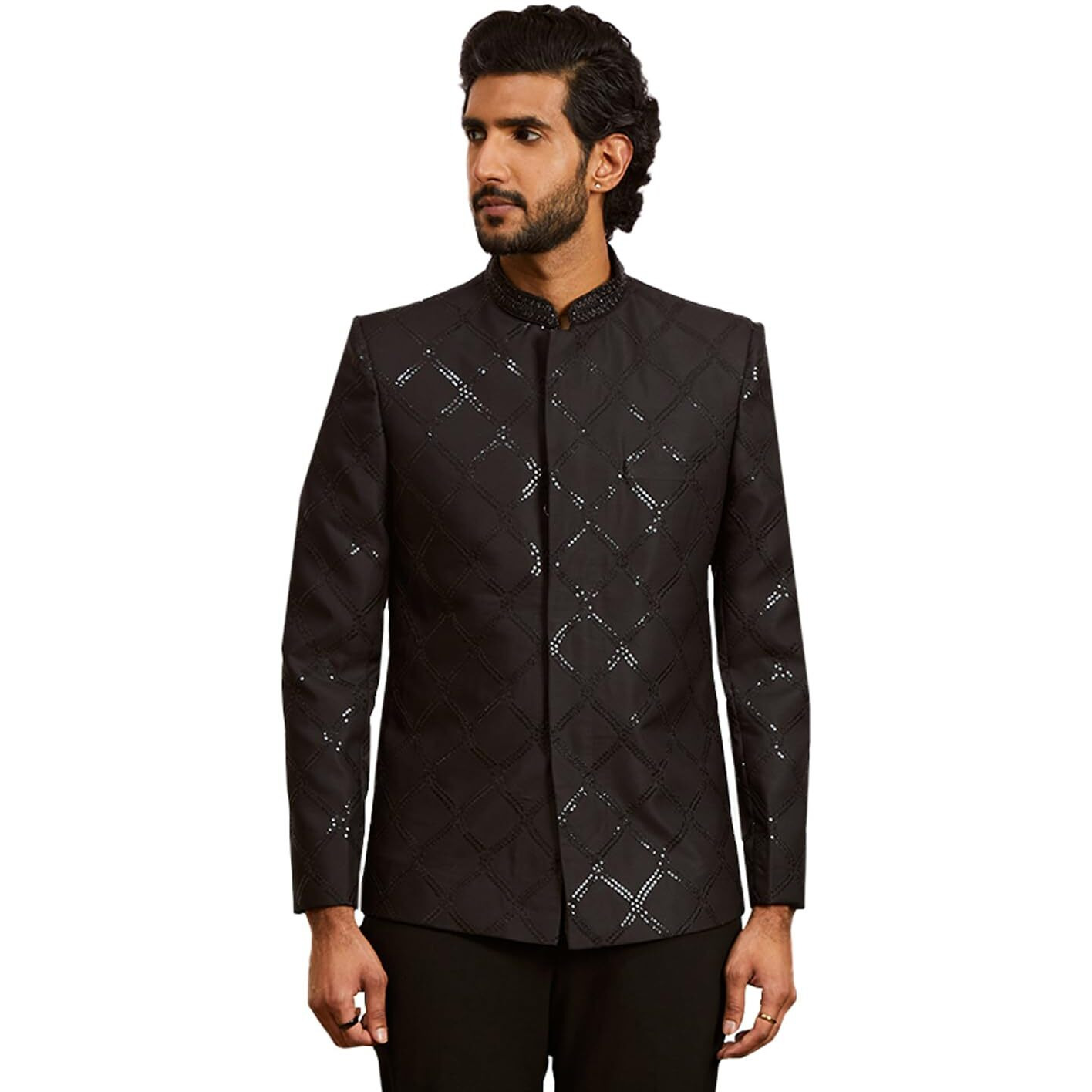 VASTRAMAY Men's Black Silk Blend Jodhpuri - This men's ensemble features a sophisticated Jodhpuri jacket.