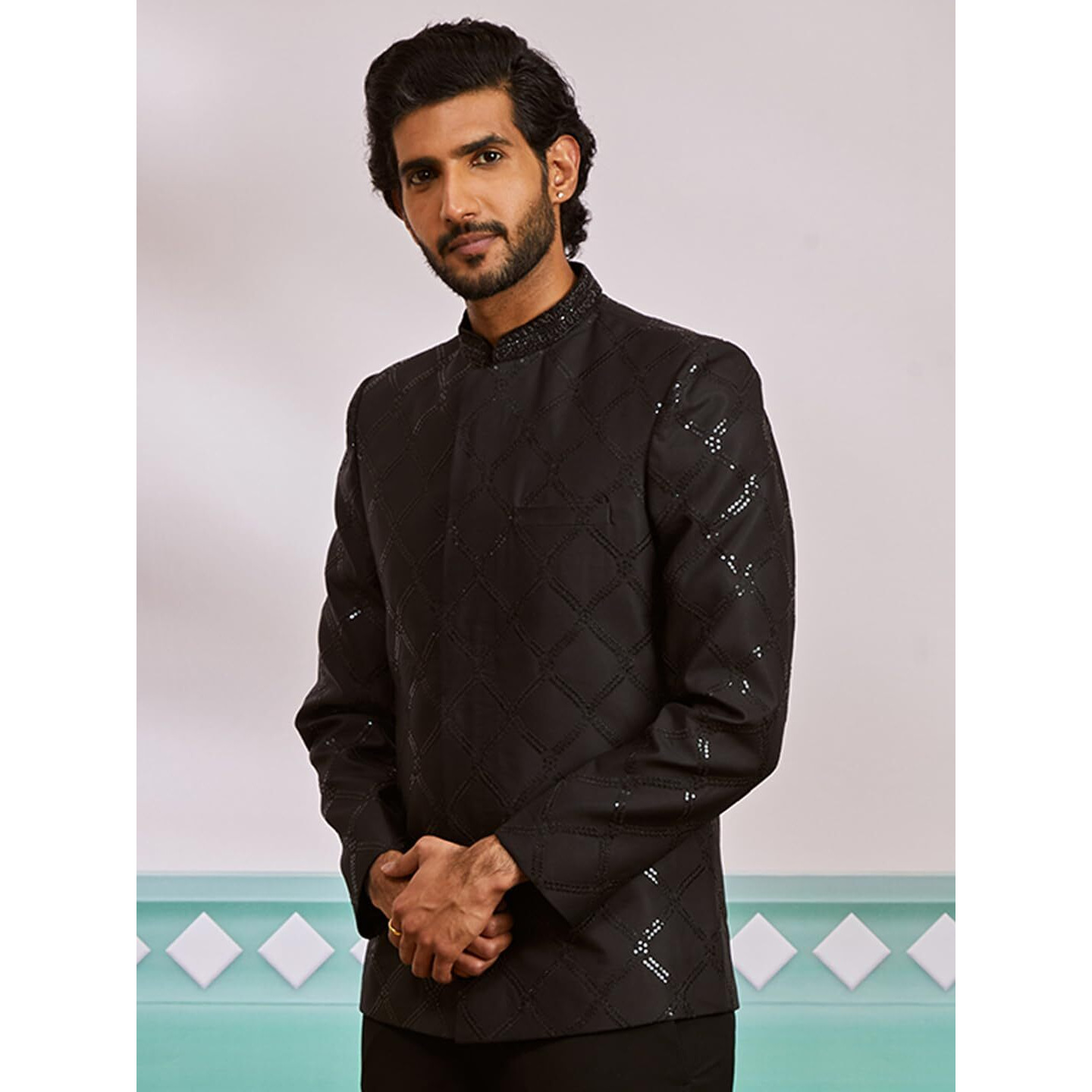 VASTRAMAY Men's Black Silk Blend Jodhpuri - This men's ensemble features a sophisticated Jodhpuri jacket.
