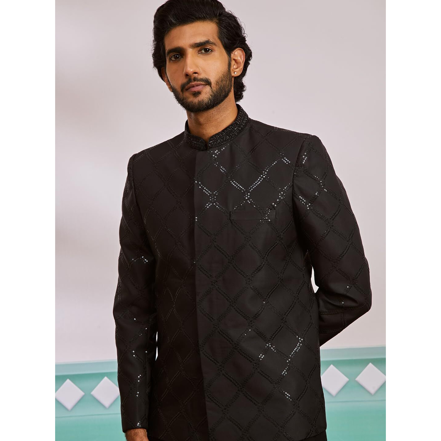 VASTRAMAY Men's Black Silk Blend Jodhpuri - This men's ensemble features a sophisticated Jodhpuri jacket.