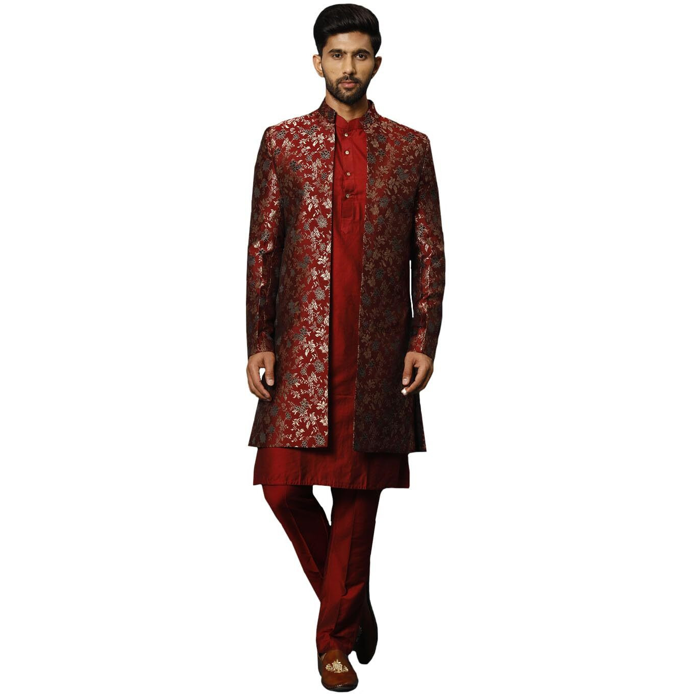VASTRAMAY Rayon Men's Red Viscose Sherwani Set (VASMSW220RDnK169MAnPANT002MA_40_Maroon