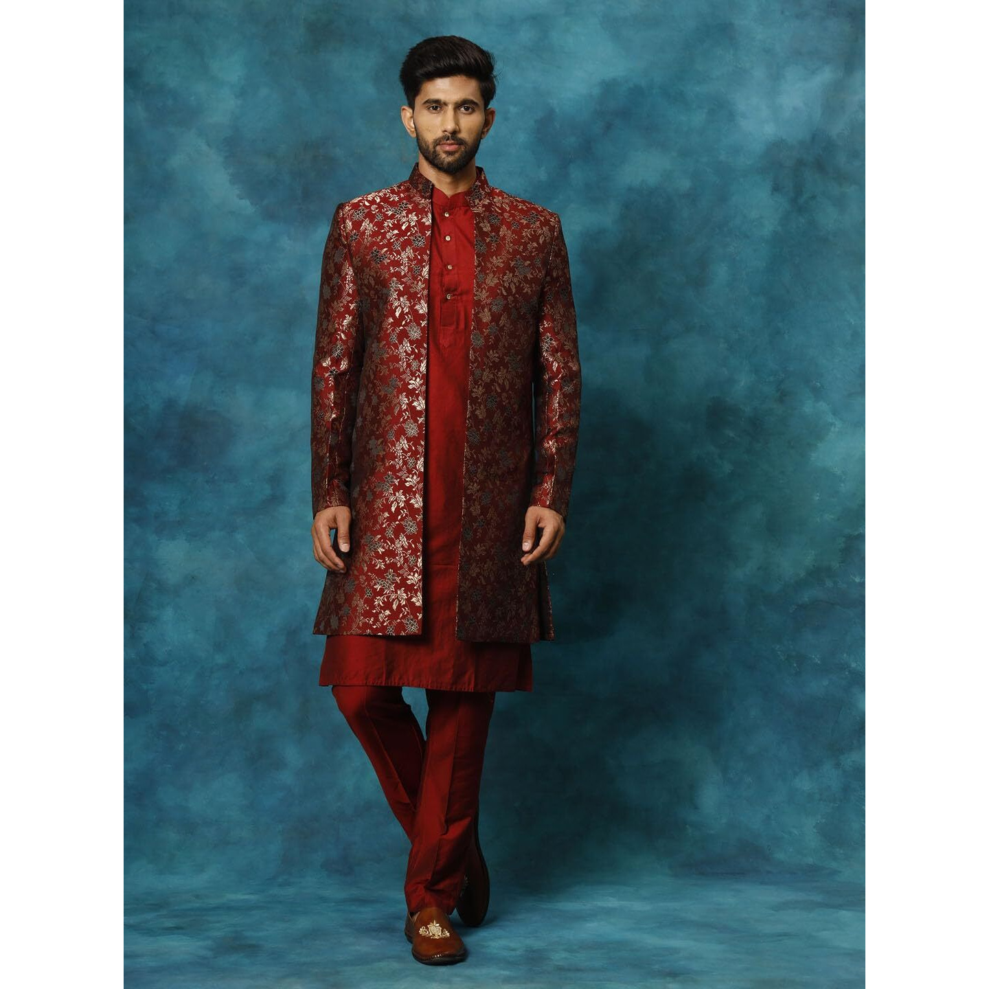 VASTRAMAY Rayon Men's Red Viscose Sherwani Set (VASMSW220RDnK169MAnPANT002MA_40_Maroon