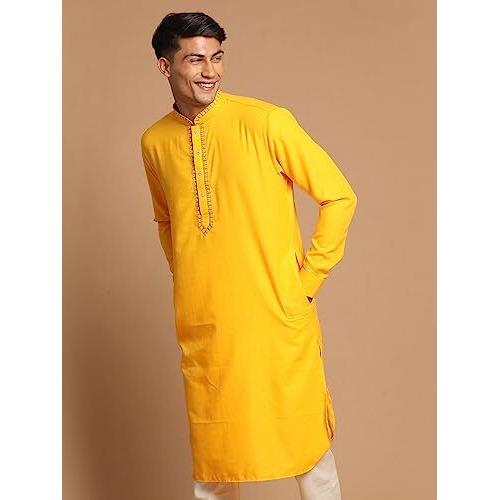 VASTRAMAY Men's Stylish Straight Kurta  Cotton Blend with Embroidered Placket