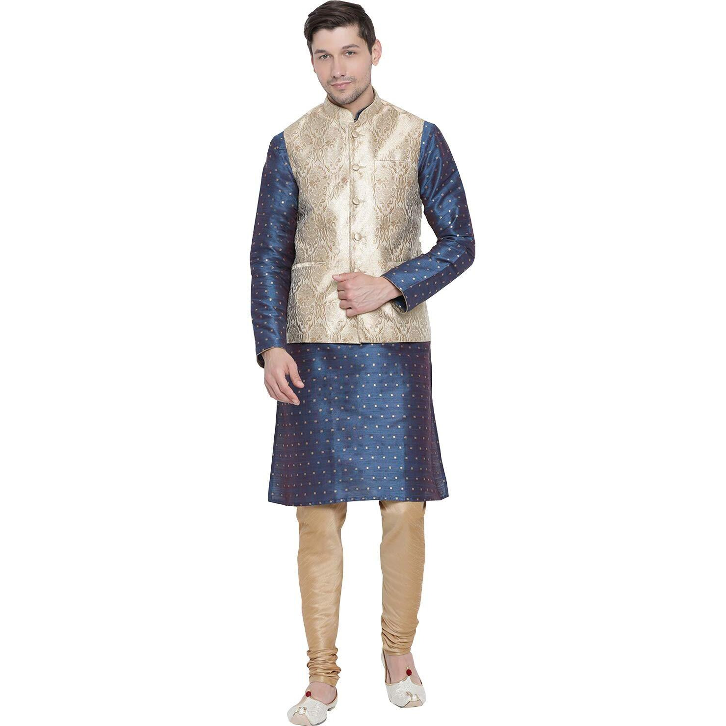 VASTRAMAY Men's Royal Blue Cotton Silk Blend Kurta, Ethnic Jacket and Pyjama Set_VASMJ024RGnMK023BUnPRG_42