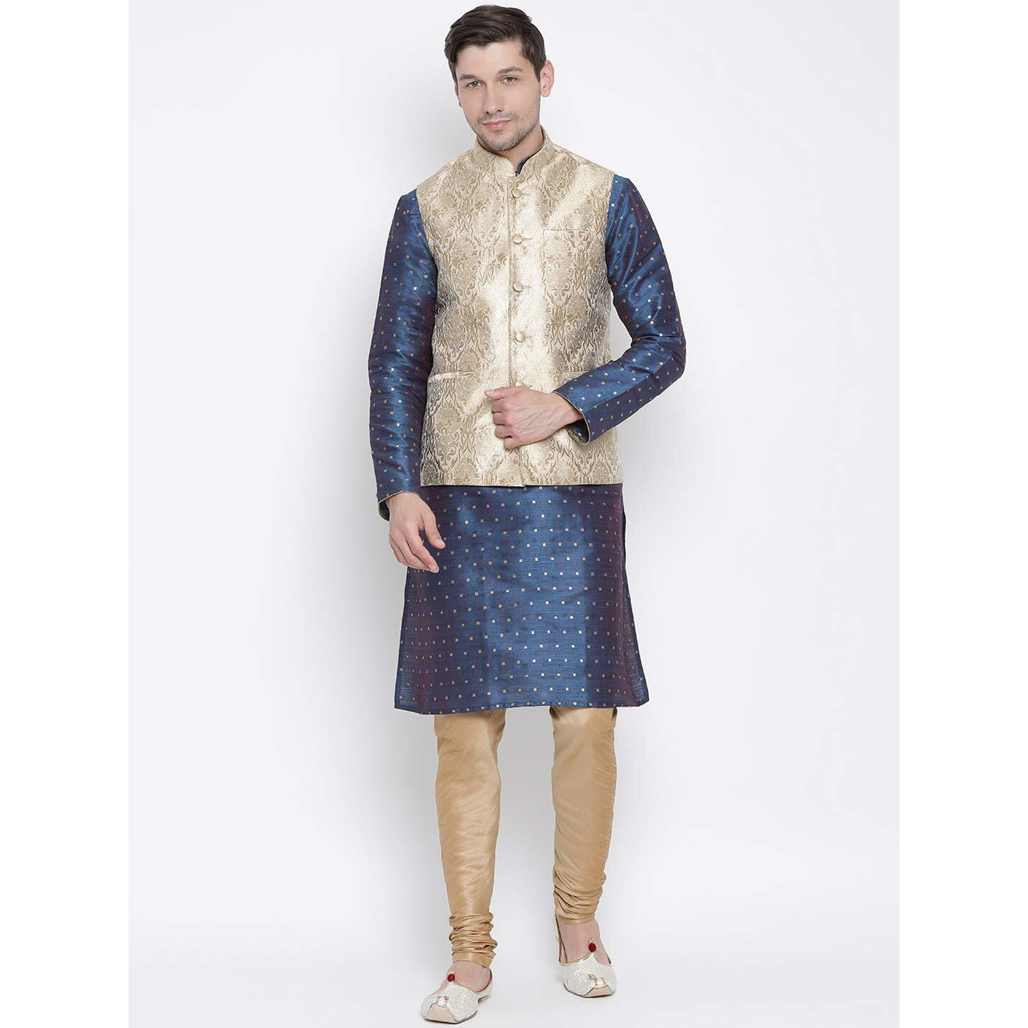 VASTRAMAY Men's Royal Blue Cotton Silk Blend Kurta, Ethnic Jacket and Pyjama Set_VASMJ024RGnMK023BUnPRG_42
