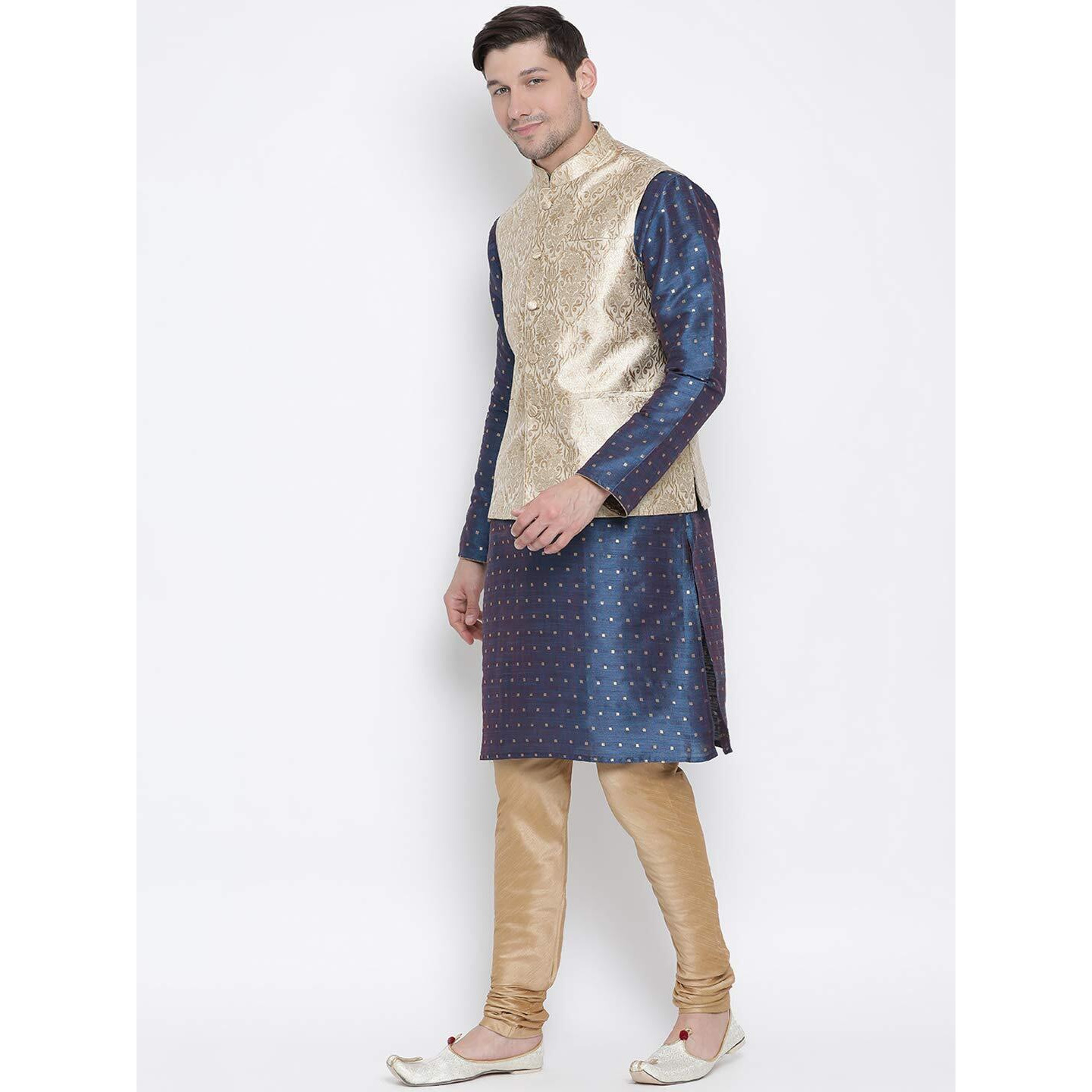 VASTRAMAY Men's Royal Blue Cotton Silk Blend Kurta, Ethnic Jacket and Pyjama Set_VASMJ024RGnMK023BUnPRG_42