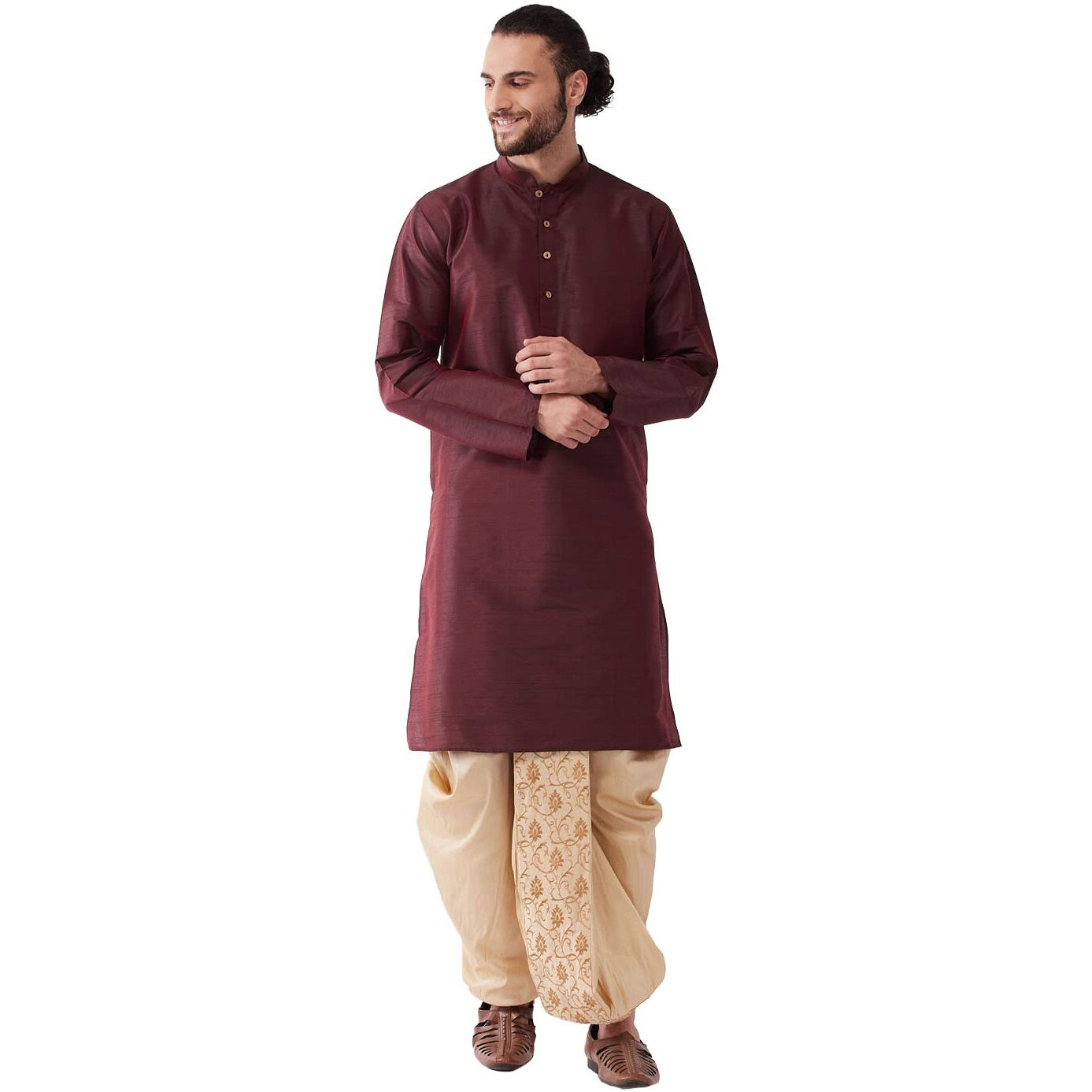 VASTRAMAY Men's Solid Kurta And Embroidered Traditional Dhoti Set_VASMK001WNnDT006GO_40