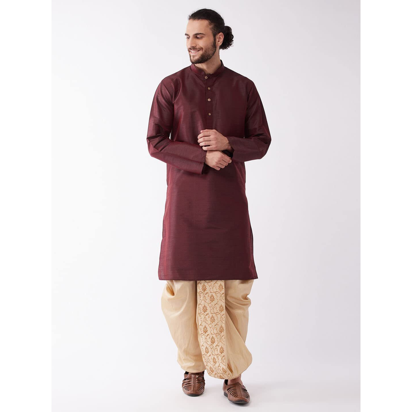 VASTRAMAY Men's Solid Kurta And Embroidered Traditional Dhoti Set_VASMK001WNnDT006GO_40