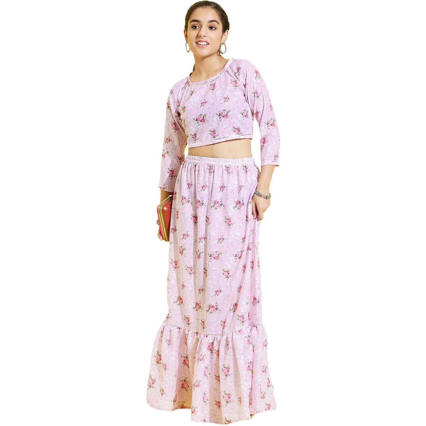 VASTRAMAY YUVA Girls' Multicolor-Base-Pink Crop Top and Lehenga Skirt Set_VYUVGLC107_36