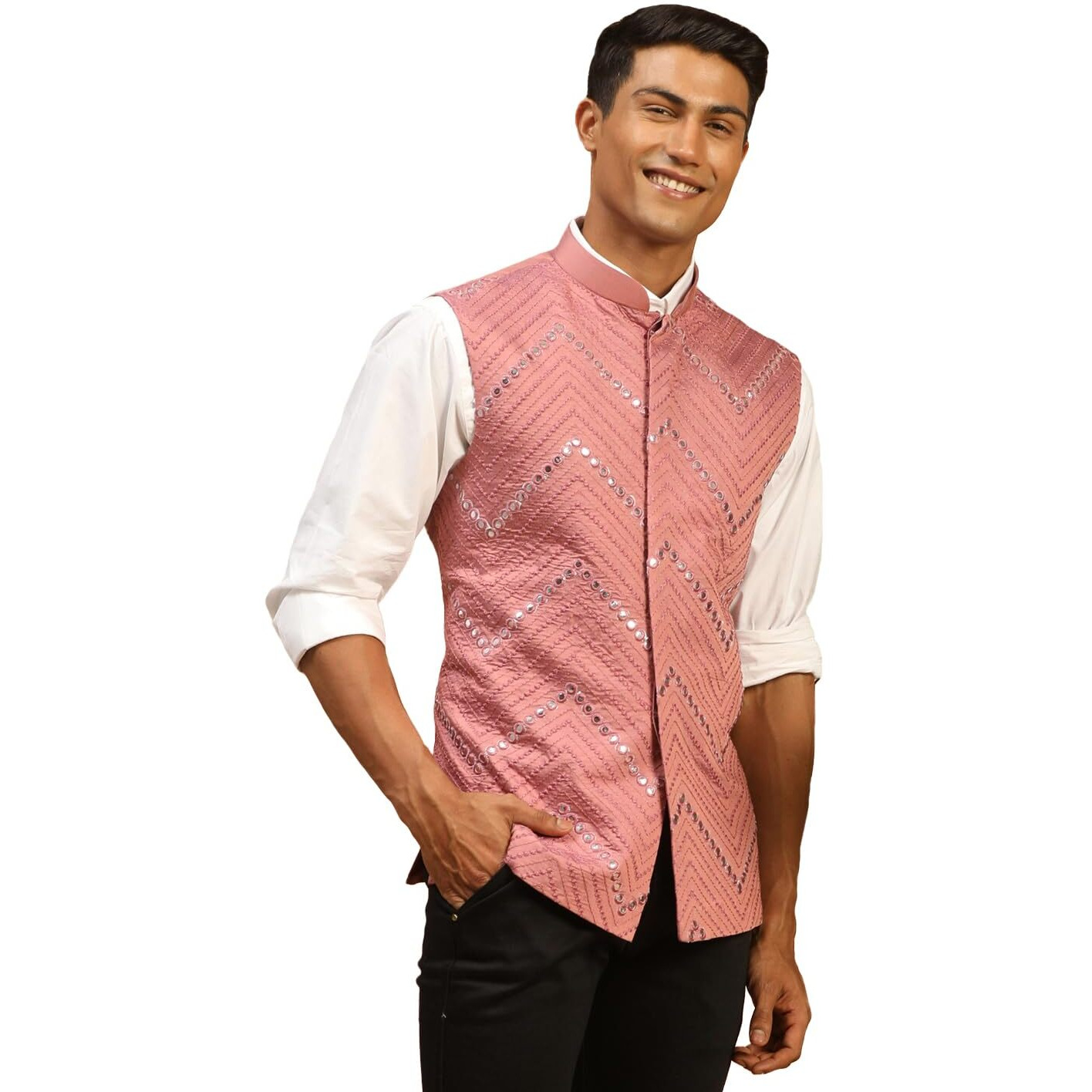 VASTRAMAY Men's Onion Mirror Work Nehru Jacket | Mirror Work Chevron Pattern Chic Jacket For Men