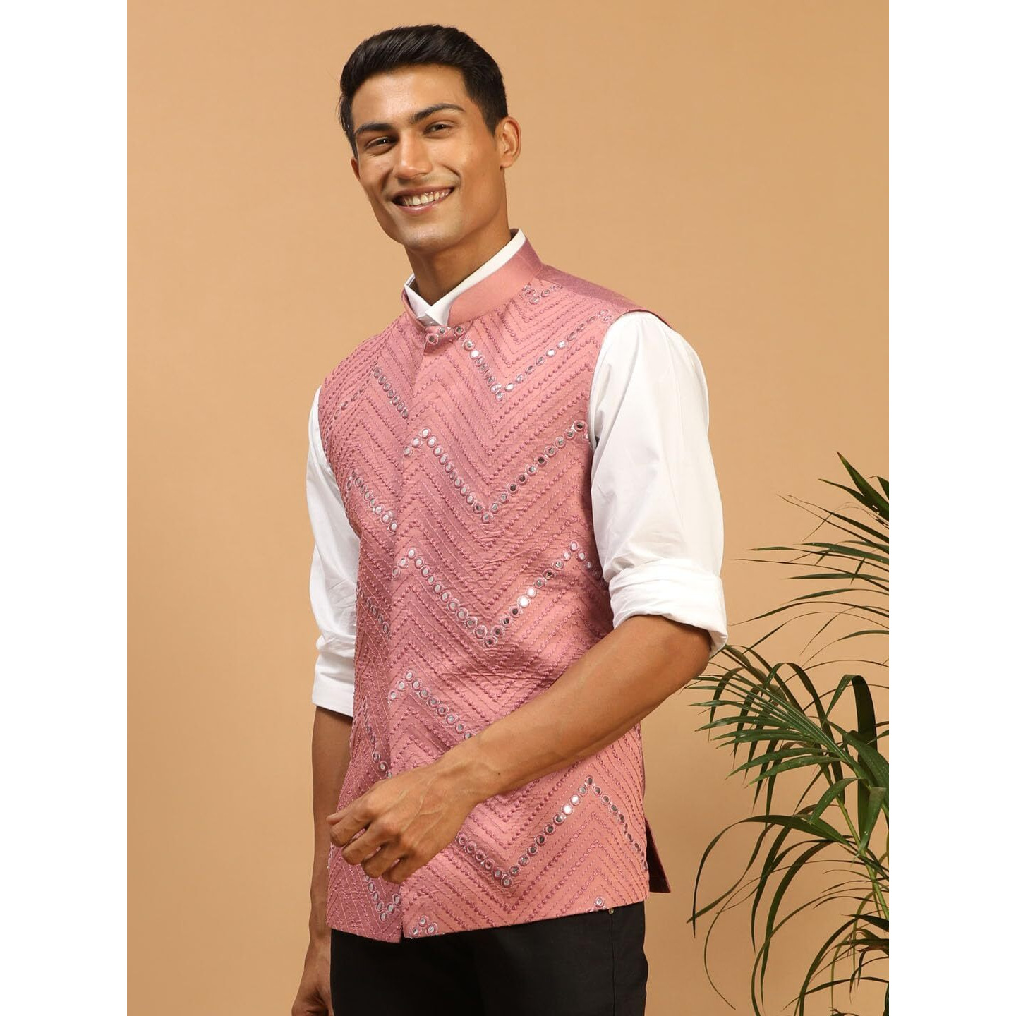 VASTRAMAY Men's Onion Mirror Work Nehru Jacket | Mirror Work Chevron Pattern Chic Jacket For Men