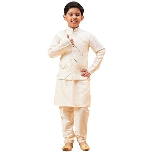 VASTRAMAY Boys' Cream Jacket, Kurta and Pyjama Set_VASBJ133CRnBK091CRnVPCR_28