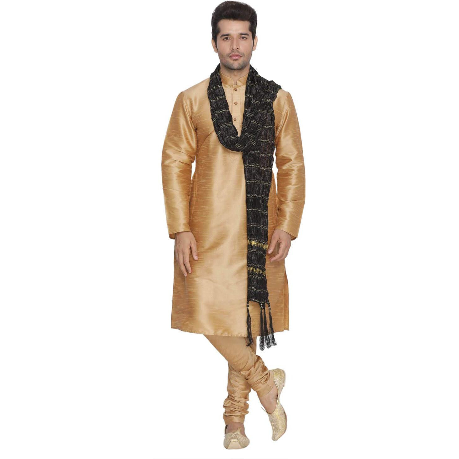 VASTRAMAY Men Gold Cotton Silk Kurta Pyjama and Dupatta Set (VASMKRG001nPRGnD5BL_42)