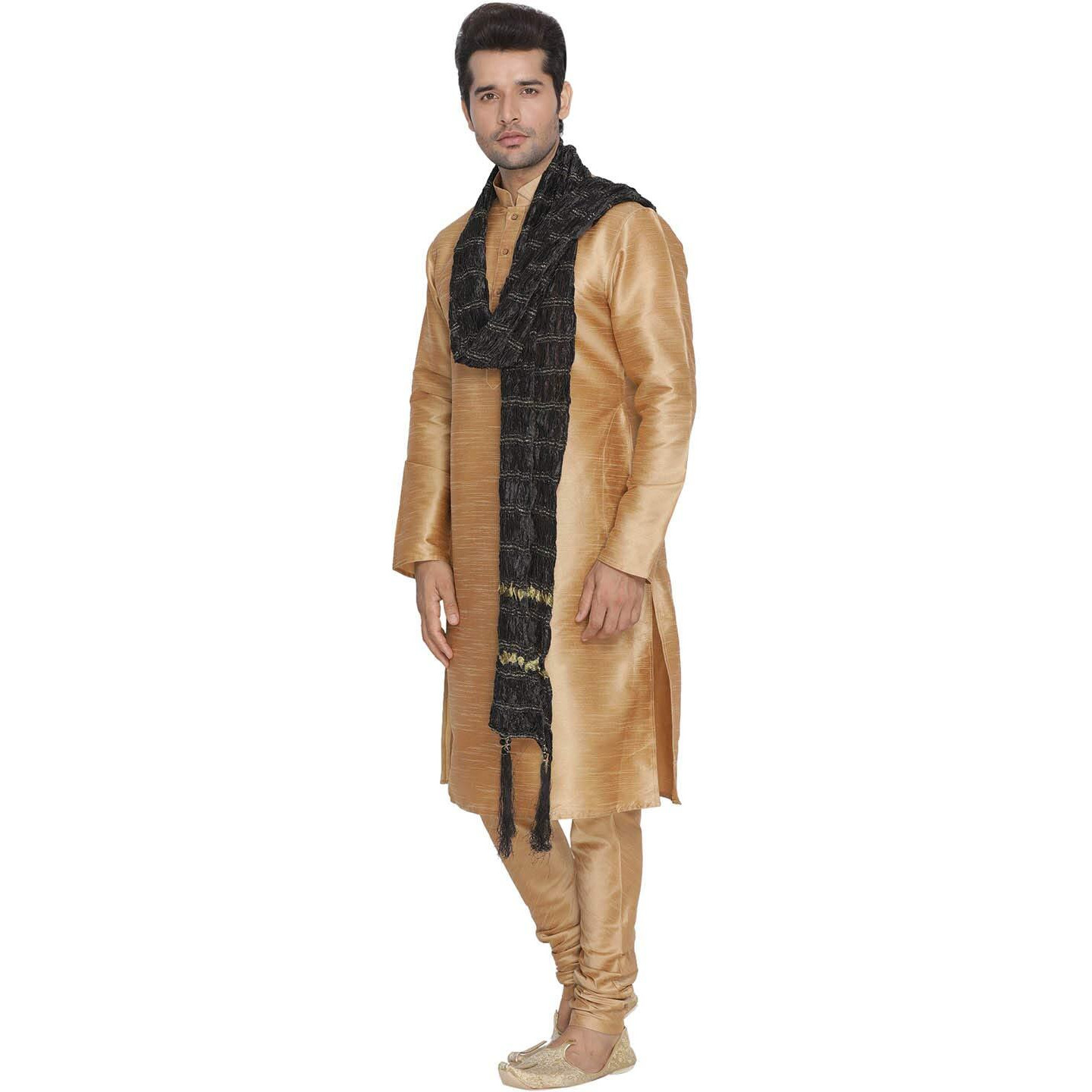VASTRAMAY Men Gold Cotton Silk Kurta Pyjama and Dupatta Set (VASMKRG001nPRGnD5BL_42)