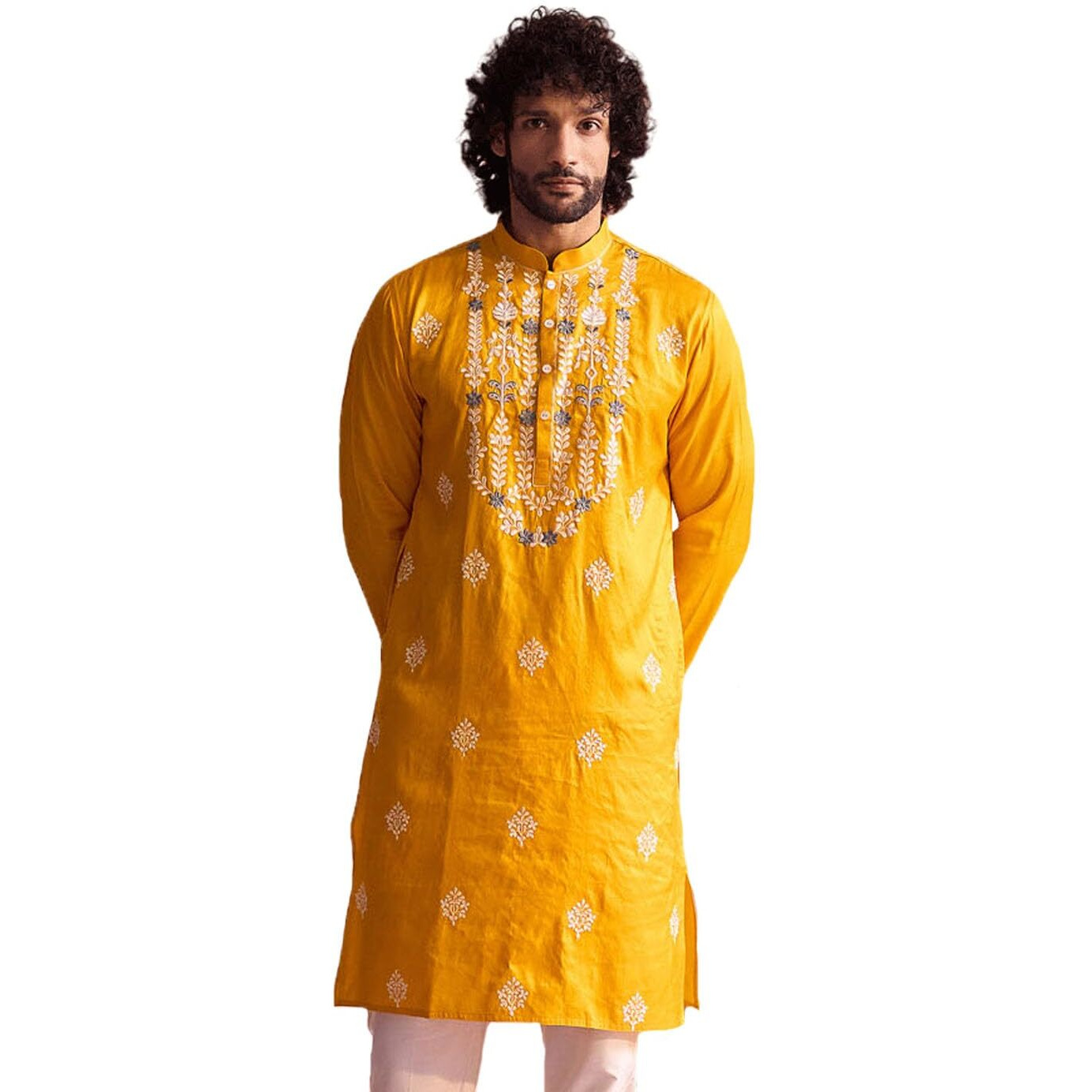 VASTRAMAY Regular Men's Yellow Neck Embroidered Kurta in Moonga Silk Fabric_VSHRMK242YW_40