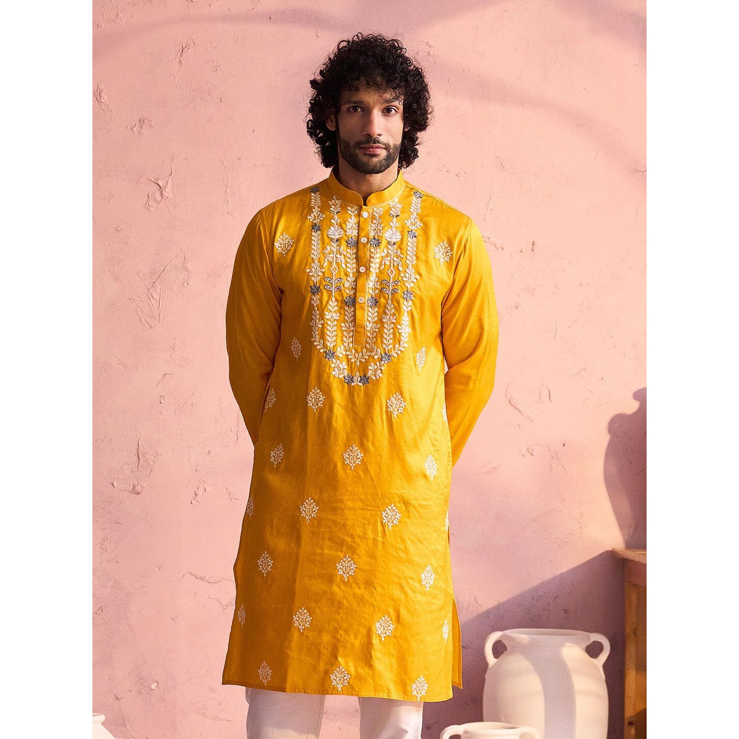 VASTRAMAY Regular Men's Yellow Neck Embroidered Kurta in Moonga Silk Fabric_VSHRMK242YW_40
