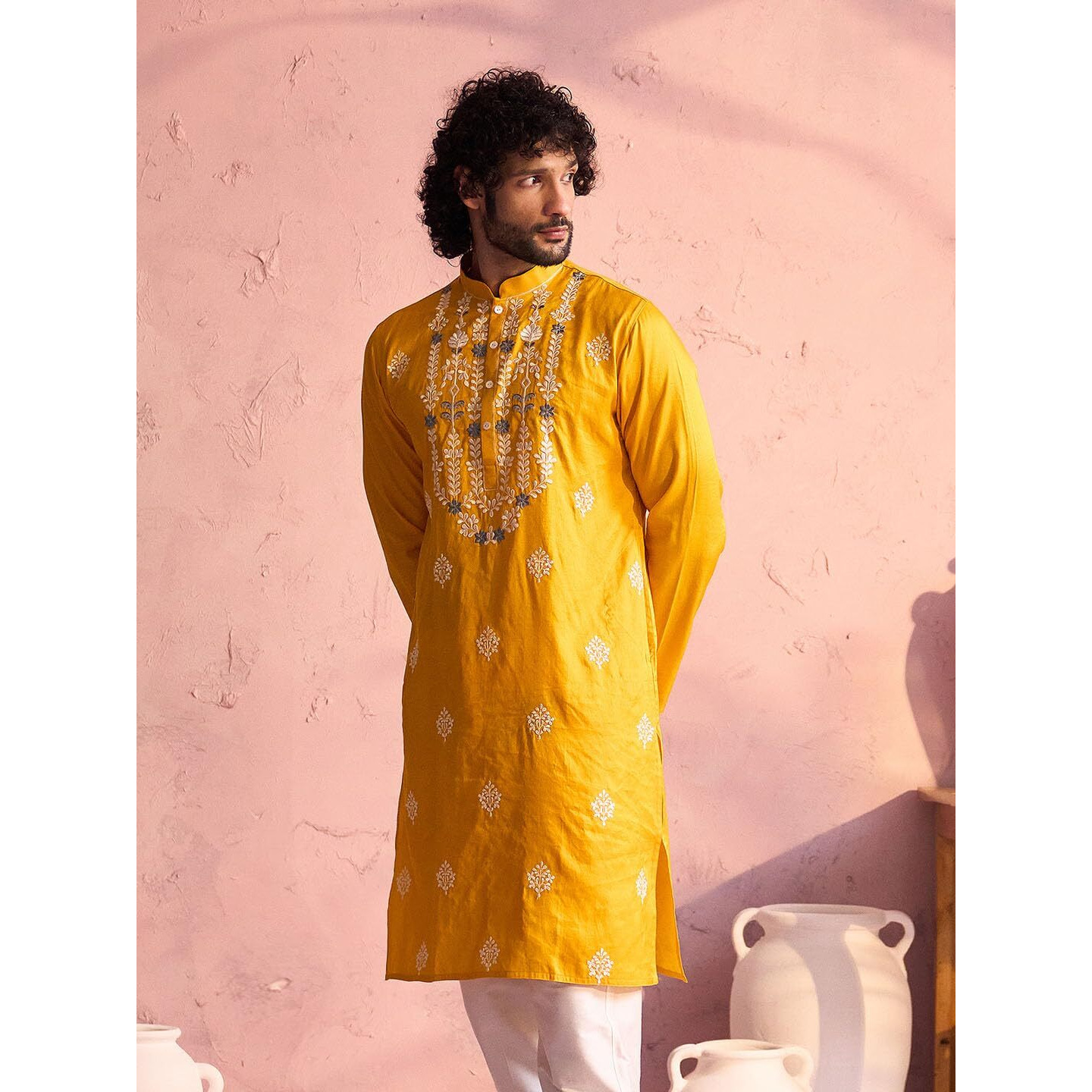 VASTRAMAY Regular Men's Yellow Neck Embroidered Kurta in Moonga Silk Fabric_VSHRMK242YW_40