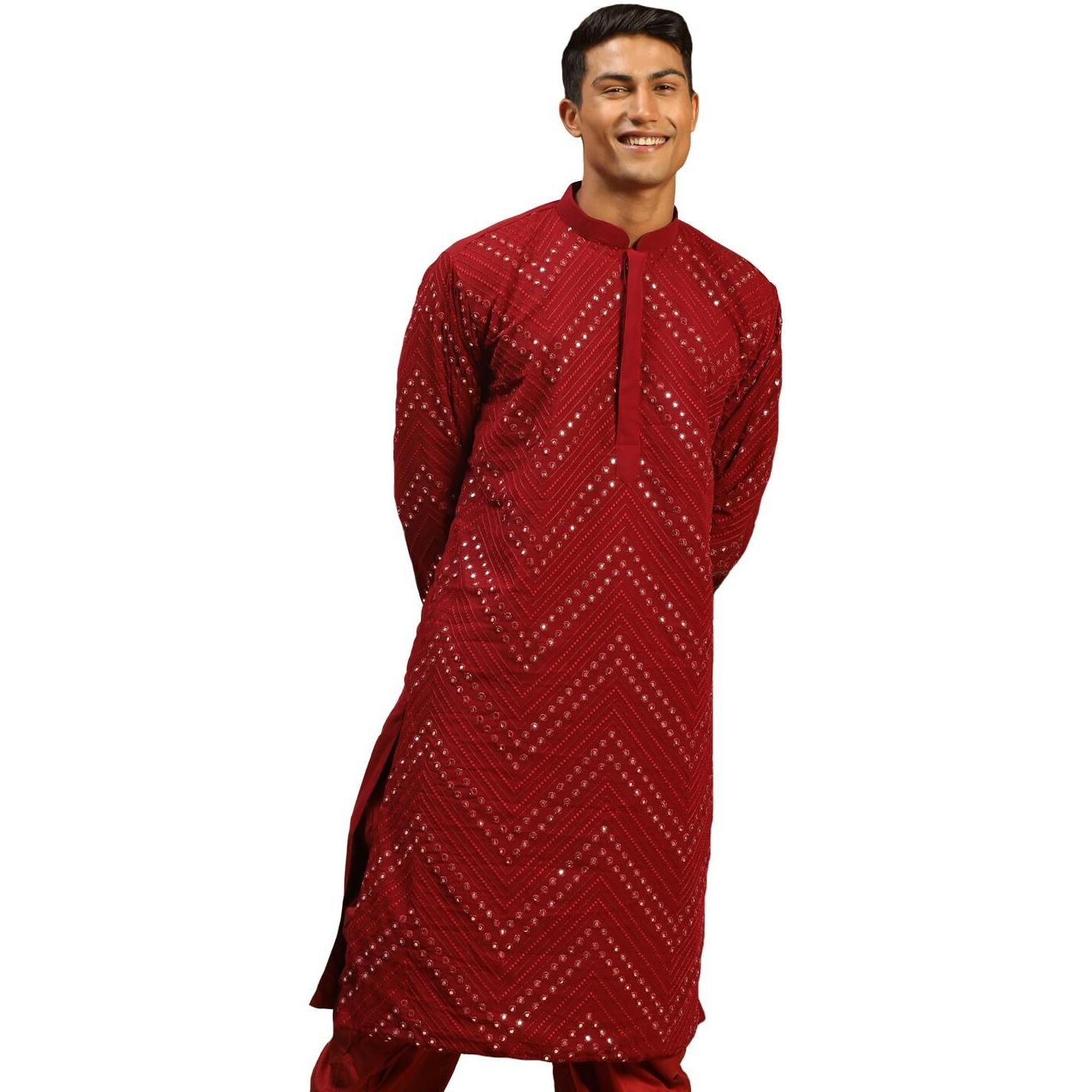 VASTRAMAY Men's Maroon Georgette Kurta Pyjama Set | Mirror Work Maroon Georgette Kurta for Men. | Timeless Elegance for Festivals & Events | Classic Design, Premium Comfort, and Versatile Style
