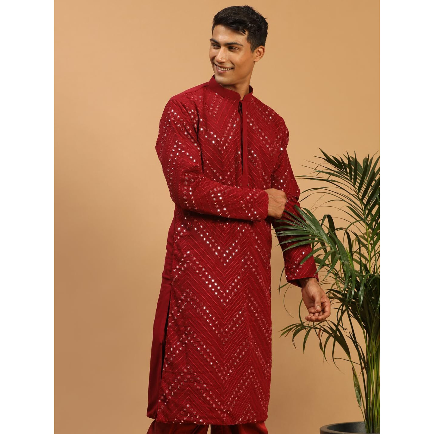 VASTRAMAY Men's Maroon Georgette Kurta Pyjama Set | Mirror Work Maroon Georgette Kurta for Men. | Timeless Elegance for Festivals & Events | Classic Design, Premium Comfort, and Versatile Style