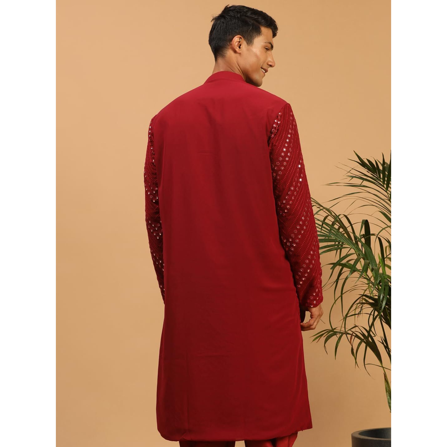 VASTRAMAY Men's Maroon Georgette Kurta Pyjama Set | Mirror Work Maroon Georgette Kurta for Men. | Timeless Elegance for Festivals & Events | Classic Design, Premium Comfort, and Versatile Style
