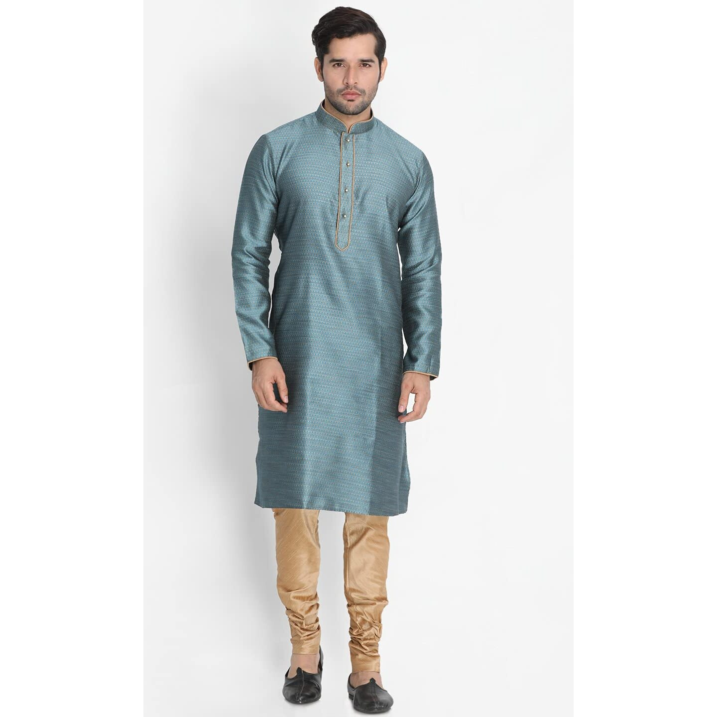 VASTRAMAY Men's Aqua Cotton Silk Blend Kurta and Pyjama Set_VASMK047AQnPRG_44