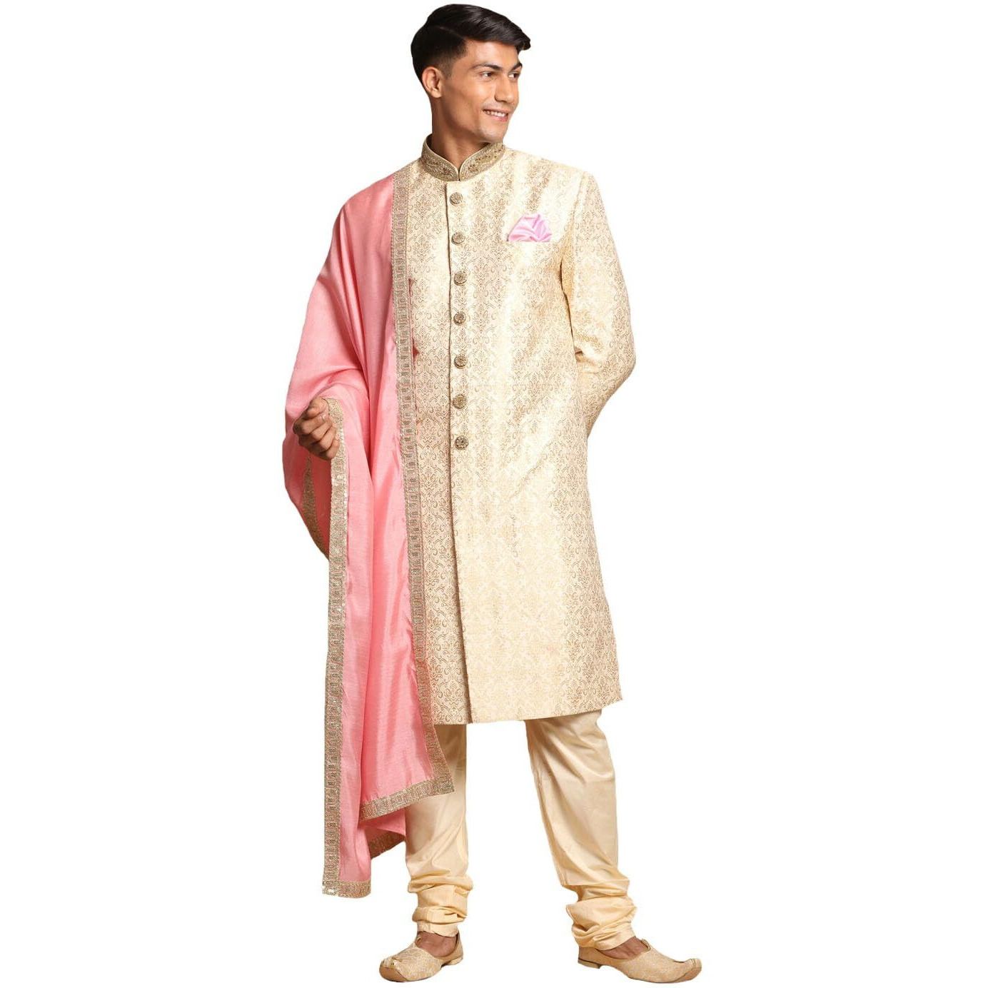 VASTRAMAY Men's Beige And Gold Silk Blend Sherwani Set_VASMSW127BGnMVPGOnD001PN_40