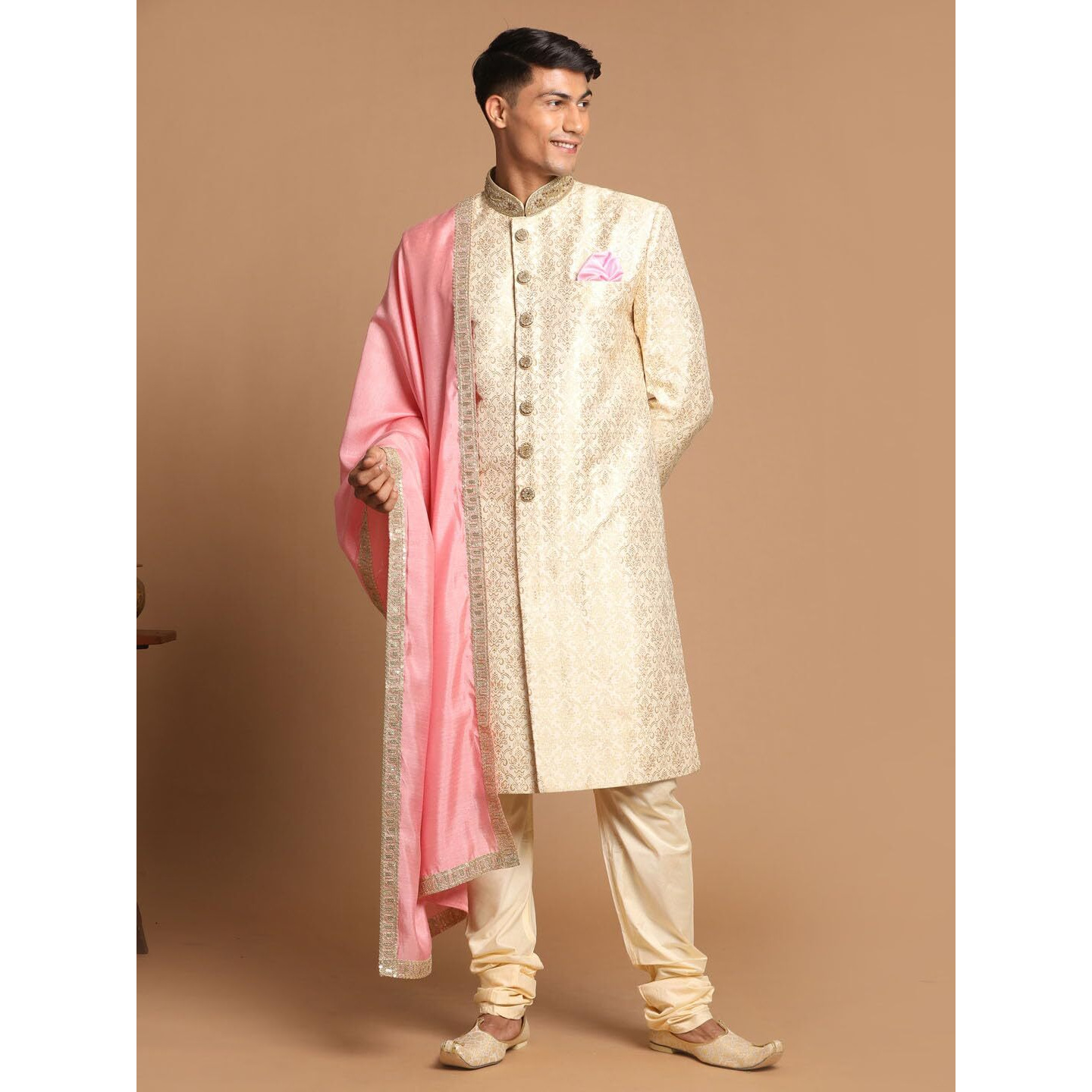 VASTRAMAY Men's Beige And Gold Silk Blend Sherwani Set_VASMSW127BGnMVPGOnD001PN_40