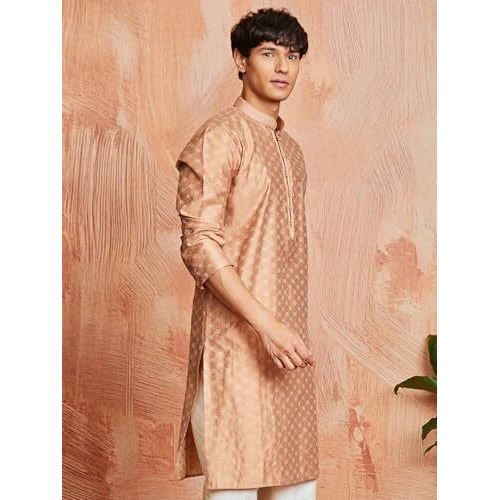 VASTRAMAY Men's Jacquard Kurta with Embroidered Collar  Elegant Ethnic Wear for Weddings & Festive Occasions Peach
