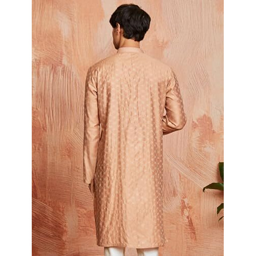 VASTRAMAY Men's Jacquard Kurta with Embroidered Collar  Elegant Ethnic Wear for Weddings & Festive Occasions Peach