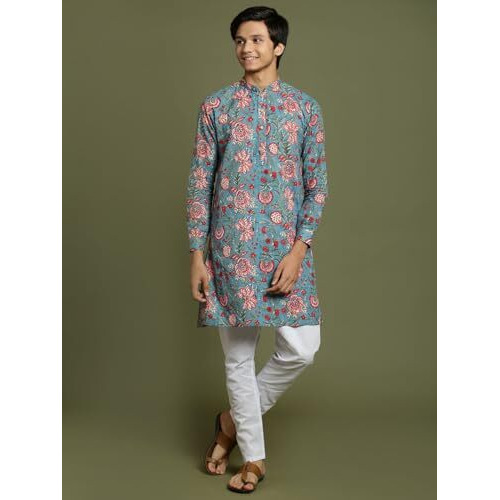 VASTRAMAY YUVA Boys' Aqua And White Kurta Pyjama Set_VYUVBK205AQnPCWH_36XL