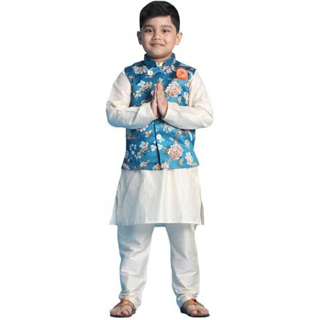 VASTRAMAY Boys' Turquoise And Cream Jacket, Kurta and Pyjama Set_VASBJ055TQnBK091CRnBVPCR_32