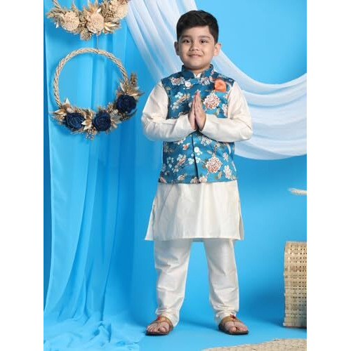VASTRAMAY Boys' Turquoise And Cream Jacket, Kurta and Pyjama Set_VASBJ055TQnBK091CRnBVPCR_32