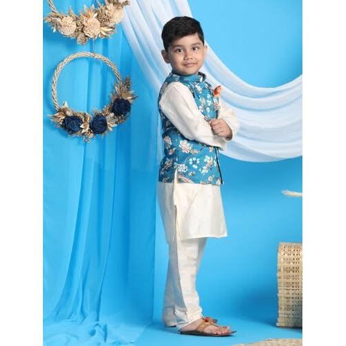 VASTRAMAY Boys' Turquoise And Cream Jacket, Kurta and Pyjama Set_VASBJ055TQnBK091CRnBVPCR_32