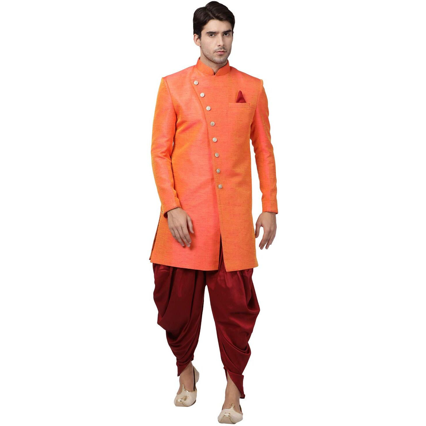 VASTRAMAY Men's Orange Silk Blend Sherwani Set_VASMIW005ORnCDMA_36